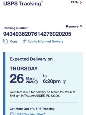USPS Tracking Screenshot - Blue and White Delivery Notice